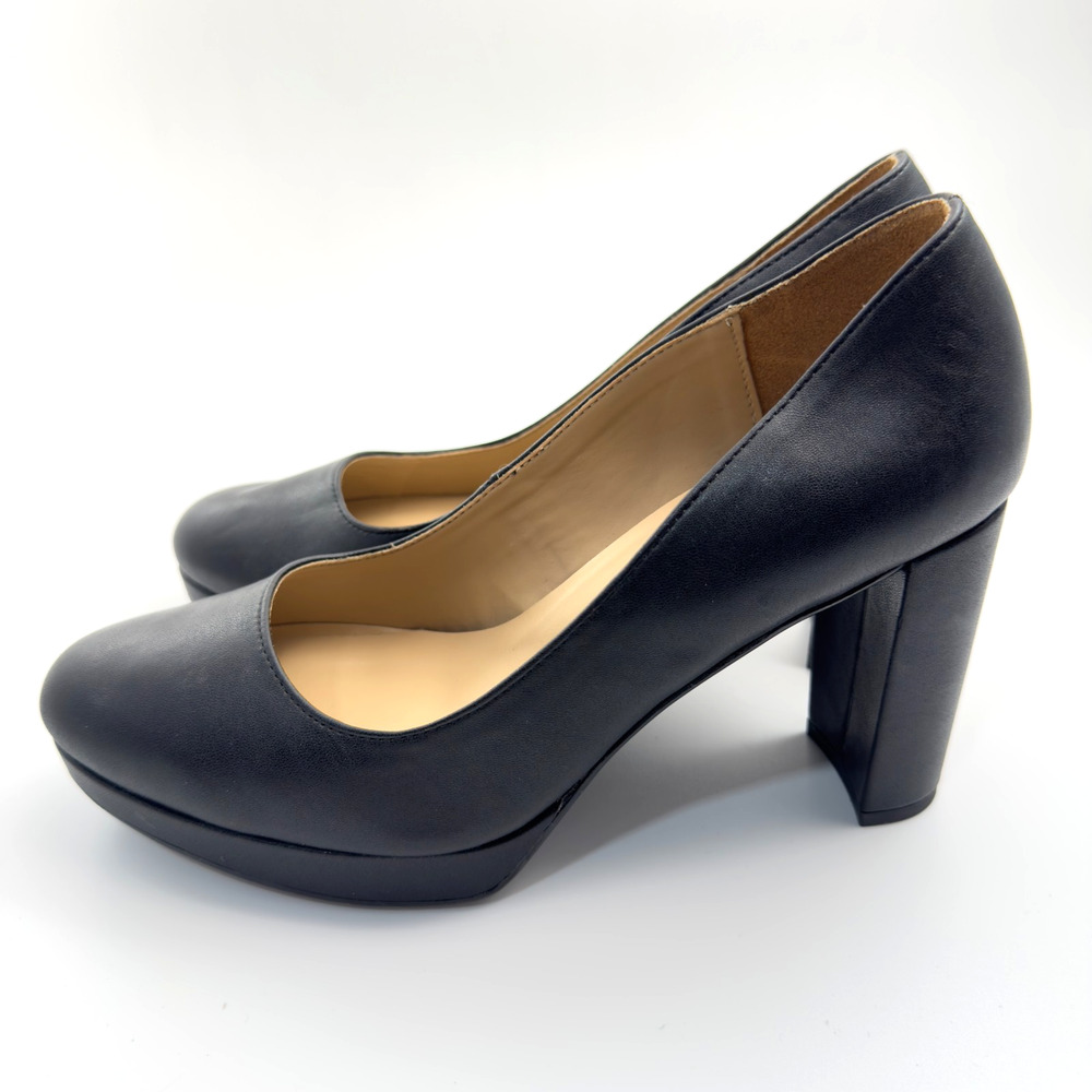 Naturalizer Black Leather Block Heel Pumps